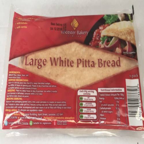 LEICESTER BAKERY LARGE WHITE PITTA BREAD 6s