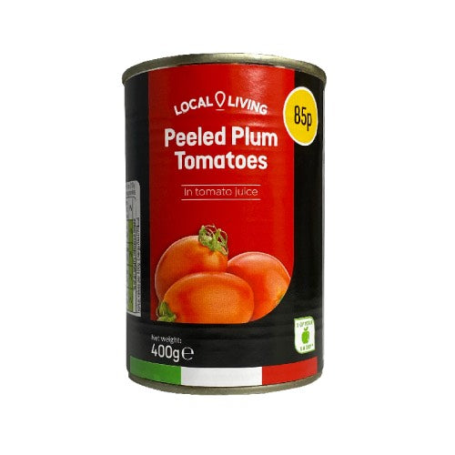 LOCAL LIVING PEELED PLUM TOMATOES 85P 400g