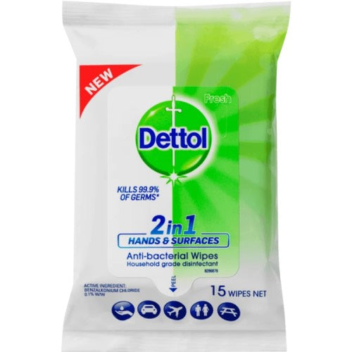 DETTOL 2 IN 1 ANTI BACTERIAL WIPES 15s