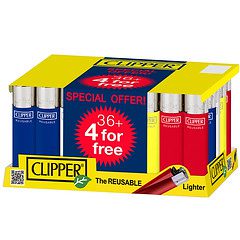 Clipper Reusable Lighter Solid Colours 36 Pack + 4 Lighters Free