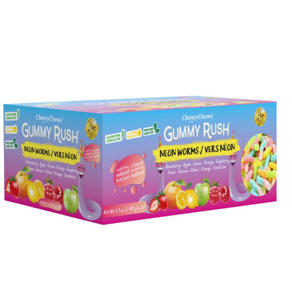 Cheery Chews Gummy Rush Neon Worm 90g 12 Pack