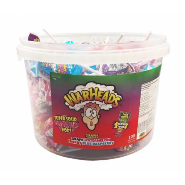 Warheads Super Sour Bubble Gum Pops 100pcs Tub Main image