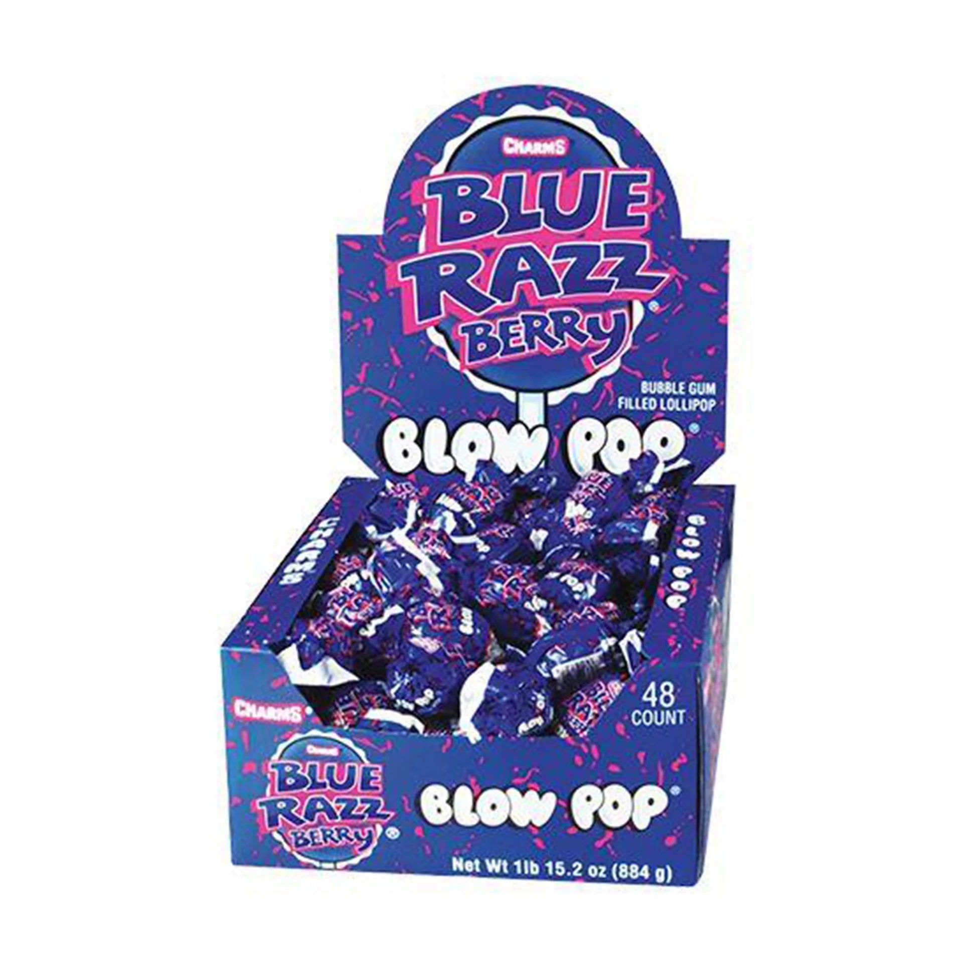 Charms Blow Pop Blue Razz Berry Bubblegum Filled Lollipop 18.4g 48 Pack