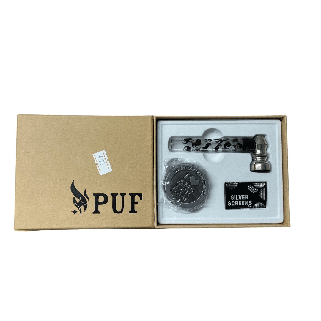 PUF includes glass pipe, grinder, and silver screens Main image