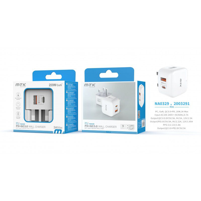 NA0329, Wall Charger with USB A (QC3.0)+ Type C, 20w (Without cable)