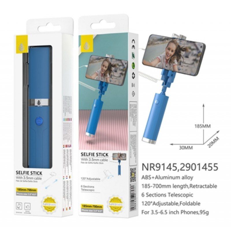 NR9145 Selfie Stick with 3.5mm cable, Compatible with Mobiles 3.5-6.5, 18.5cm-70cm
