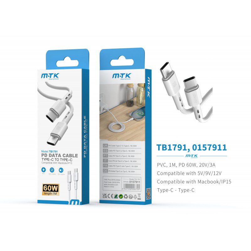 TB1791, Data cable, Type C to Type C, compatible with Macbook/IP15, 60W, 1M Main image