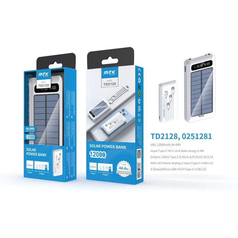TD 2128 Solar Power Bank, 12000mAh, with Micro USB+iPhone+Type-C+USB, LED indicator Main image