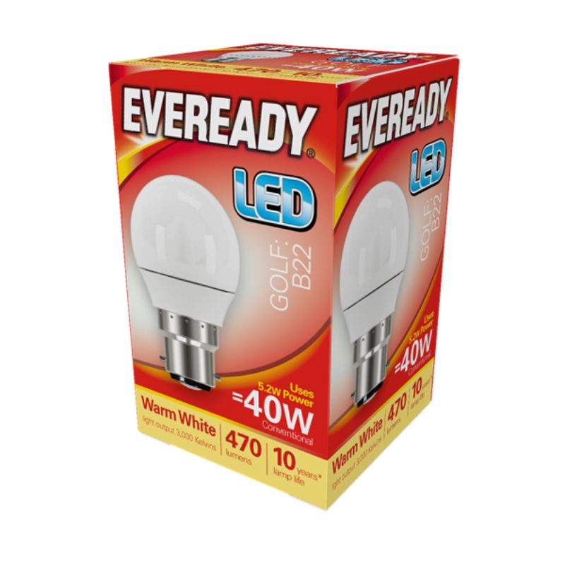 Eveready LED Light Bulb |GOLF: B22| |40W| |Warm White| 5 Pack